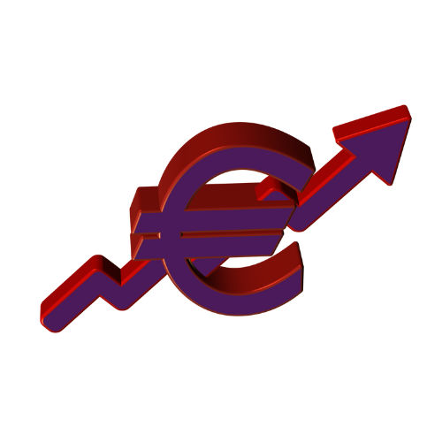 Een 3D-rendering van een euroteken met een opwaartse pijl die groei of stijging aangeeft.